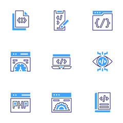 Development icon set. Bold line style. Duotone colors. Editable stroke. webdevelopment, appdevelopment, gamepad, css, add, view, book, coding