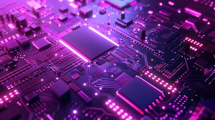 Obraz premium Processor chip on circuit board with glow purple neon color. AI generated image