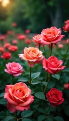 A stunning rose garden with different types of roses, tulips, petal, hibiscus