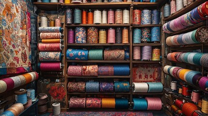 Colorful threads and textiles arranged on shelves, a vibrant display of fabrics and spools, emphasizing texture and craftsmanship in a workshop setting