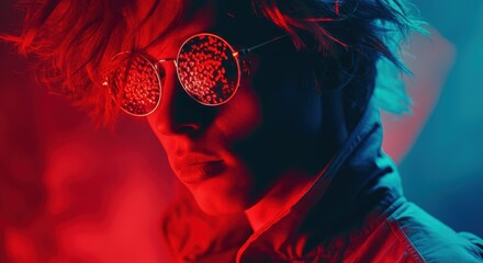 Fototapeta premium Stylish young man wearing reflective sunglasses with vibrant colors