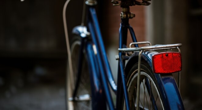 Close-up of a blue bicycle with a red rear light and vintage design