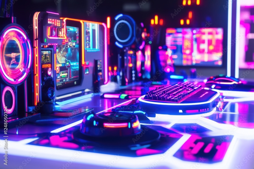 Poster A desk with a keyboard and monitor, perfect for working or gaming