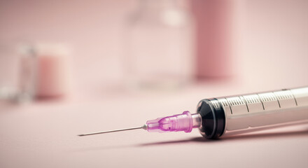 Close-up of a syringe with a pink needle on a soft background