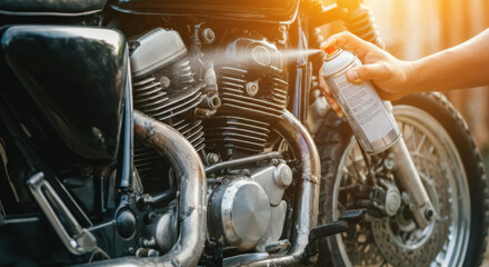 Hand spraying lubricant on a motorcycle engine for maintenance and care