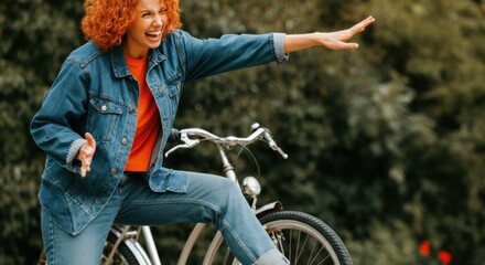 Obraz premium Joyful woman with curly red hair enjoying a bike ride in nature