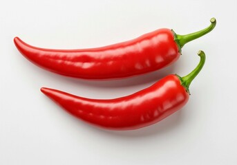 This image captures the natural beauty of two red chili peppers, their overlapping position and subtle reflection adding depth to the composition