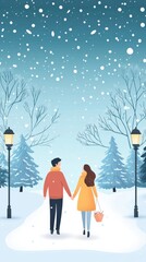 Couple Walking Hand in Hand Through a Snowy Park Under Falling Snowflakes in a Cozy Winter Scene