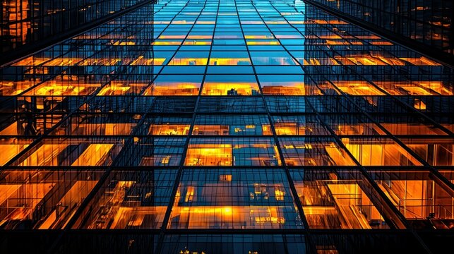 Illuminated city skyscraper offices at dusk, urban background