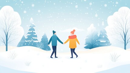 Happy Couple Enjoying a Romantic Winter Walk in a Snowy Landscape Surrounded by Trees and Falling Snowflakes