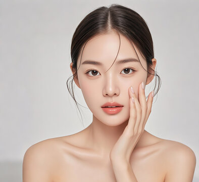 Close-up of a beautiful Asian girl with one hand resting on her face with healthy skin