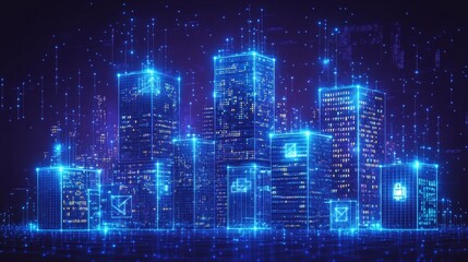 Obraz premium Futuristic Digital Cityscape Glowing Blue Neon Lights Urban Metropolis Night Scene