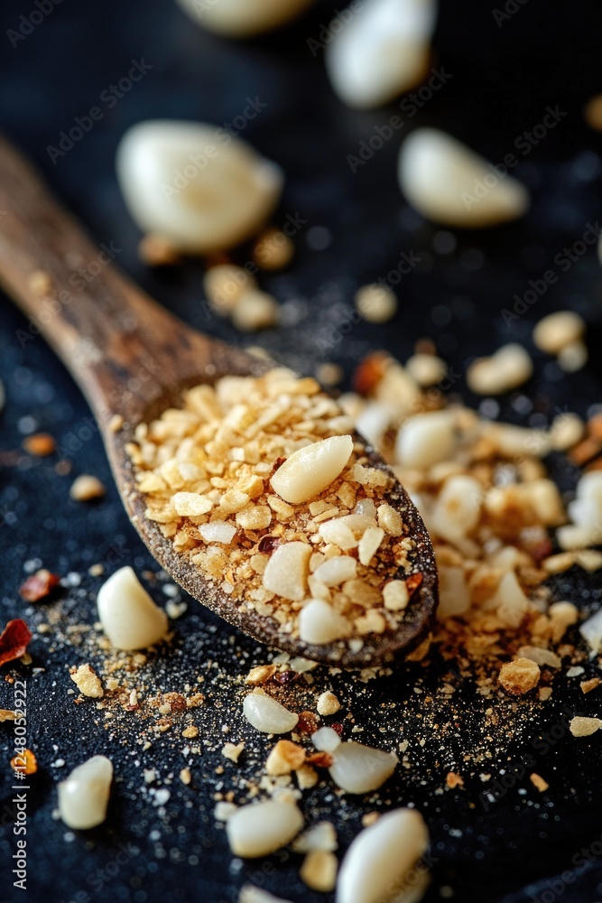 Poster a spoon filled with nuts on a dark background