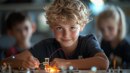 Young boy conducting experiments with circuits, showcasing curiosity and excitement. Engaged in hands on learning with classmates nearby
