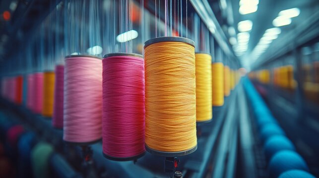 Textile factory with yarn spools on a spinning machine, vibrant threads in motion, showcasing industrial textile production