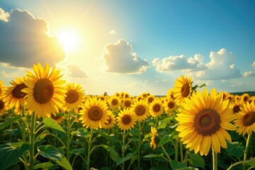 Obraz premium The sun shines brightly down on a field of tall sunflowers, sun, colorful