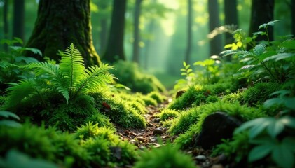 The forest floor is carpeted with soft moss and ferns in shades of green, jungle scenes, ferns, lush vegetation