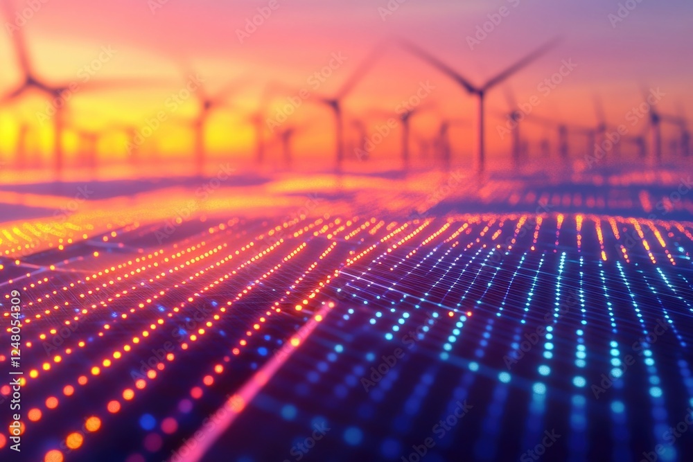 Poster a row of wind turbines in a field during sunset