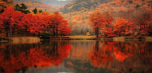 A peaceful autumn lake surrounded by trees ablaze with fiery red and orange foliage mirrored in the still water