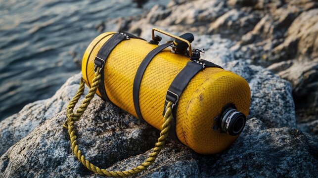 A bright yellow bag sits atop a rocky outcropping, overlooking the vast expanse of the ocean