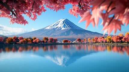 Fototapeta premium Serene view of Mount Fuji surrounded by vibrant cherry blossoms reflecting in a calm lake