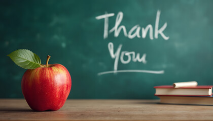 Thank You Note on Green Chalkboard with Apple and Classroom Supplies