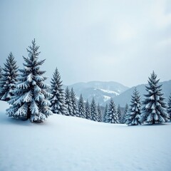 Snow-covered landscape with pine trees and hills, quiet, frosty, cold