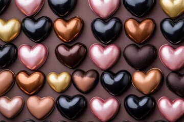 Obraz premium A detailed view of various chocolate hearts arranged on a surface