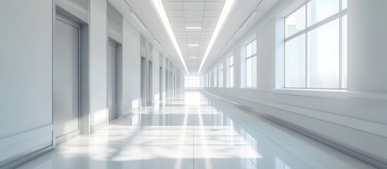 Obraz premium Empty white hallway in the hospital bright corridor with rooms and windows. Generated AI image
