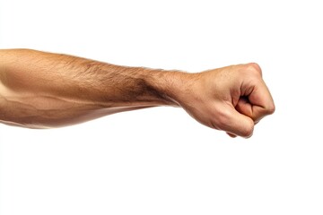 A human arm with a fisted hand on a plain white background