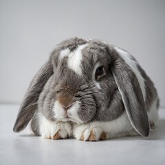 "A cute lop-eared rabbit resting on a white surface, its fur a mix of gray and white, looking sleepy."
