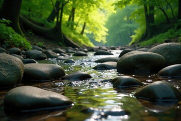 Smooth river stones scattered on the forest floor, river stones, foliage