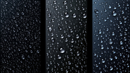 Fototapeta premium Black background with clear water drops from rain, dew or steam condensation. Wet surface with liquid raindrops, pure aqua bubbles, vector realistic illustration
