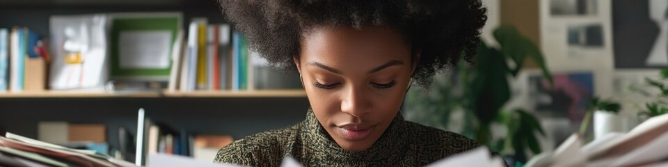 Obraz premium Woman sitting at a table in a library, reading a book