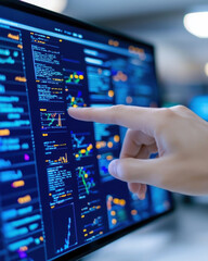 hand pointing at digital interface displaying talent analytics data and graphs