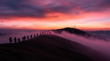 Fototapeta premium group of hikers silhouetted against vibrant sunset over hillside with wind turbines. scene captures serene and adventurous atmosphere
