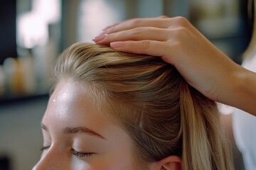 Fototapeta premium A woman sits in a salon chair, having her hair styled by a professional hairstylist