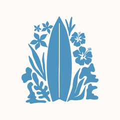 Surf beach vibes logo. Tropical illustration with surfboard, hibiscus flowers, palms leaves, sea waves. Fabric textile print. Summer vector isolated background.