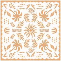 Abstract tropical seamless pattern with palm, leaves, wave and sun. Hand drawn minimal patchwork background. Surface cover design. Fabric textile print bandanas.