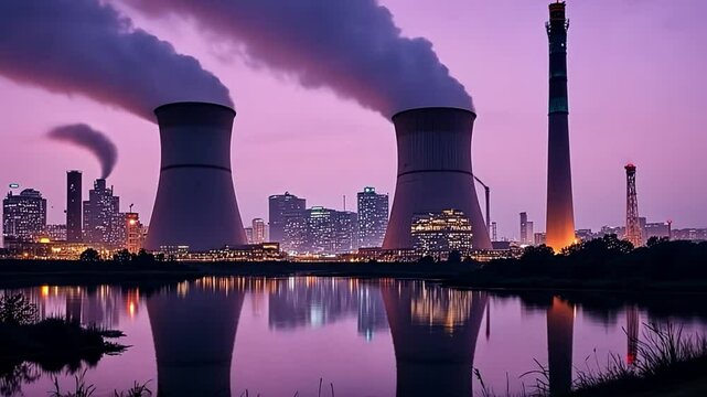 Industrial Silhouette: Towering cooling towers and smokestacks, belching plumes of smoke into a dusky sky, stand as a stark reminder of industrial power. The scene is reflected in tranquil water.