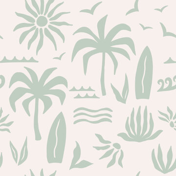 Abstract tropical seamless pattern with palm leaves, surfboard and sun. Hand drawn minimal art background. Fabric textile print. Surface cover design.