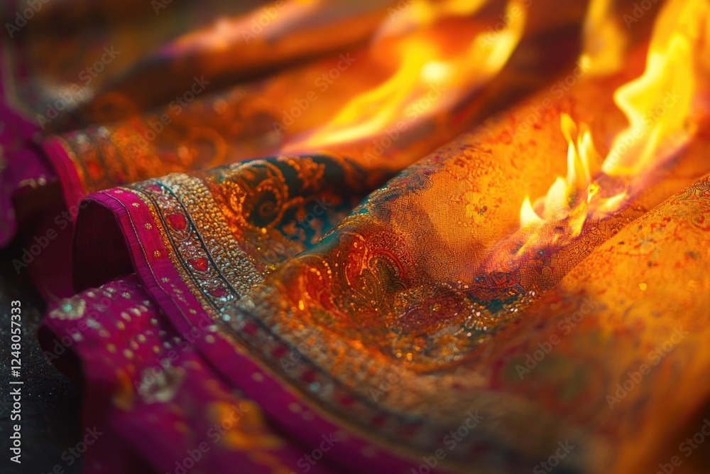 Poster a close-up view of a fabric with flames printed or painted on it
