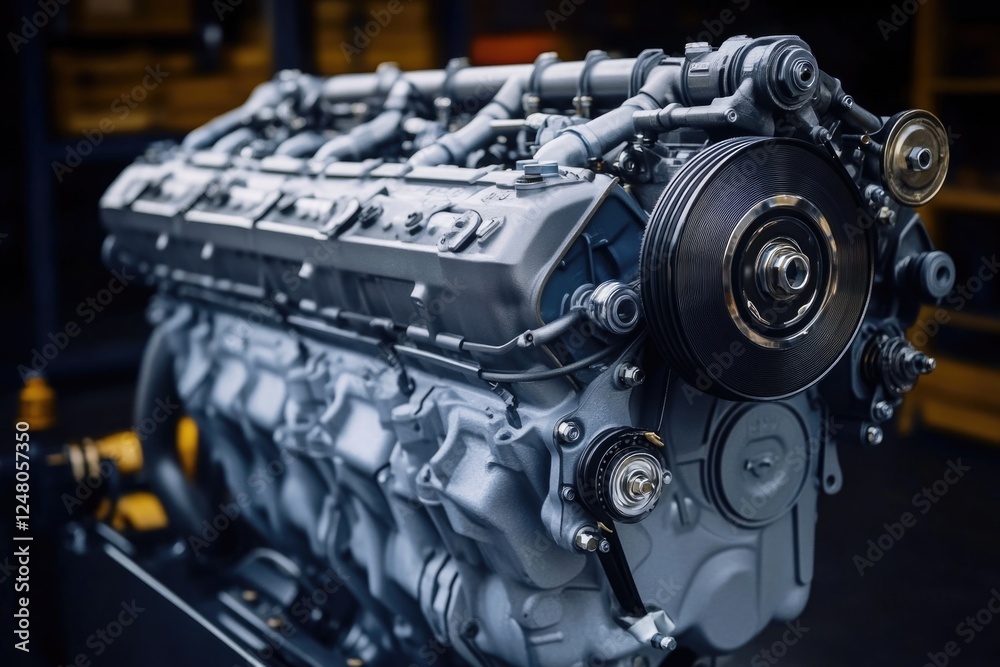 Poster close-up view of a large engine on display, suitable for use in automotive or mechanical contexts