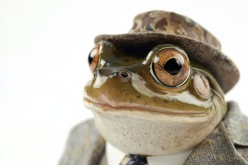 Close-up shot of a frog dressed in a business suit and tie, looking professional