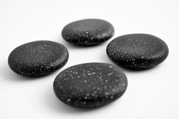 A group of black rocks perched on a white surface, suitable for backgrounds or textures