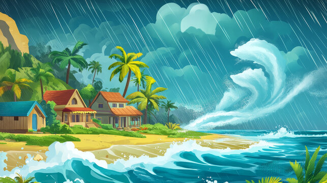Sea storm with rain and tornado on tropical beach with bungalows and palm trees. Vector cartoon landscape of stormy ocean with waves, villas on coast, wind, hurricane