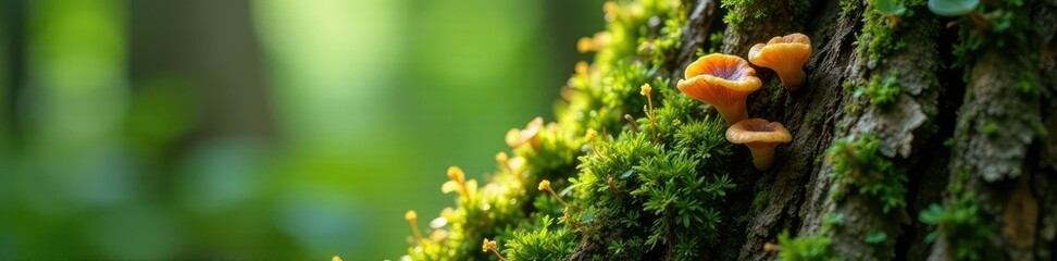 Moss and fungi growing on tree trunk natural colors, forest ecology, botany