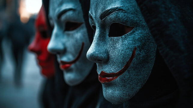 People with fake face mask hide real emotions. Vector flat illustration of diverse sad and unhappy men and women hold positive masks with smiling mouth isolated on white background