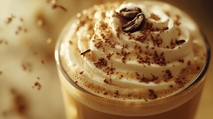 A cup of coffee with whipped cream and coffee beans on a table