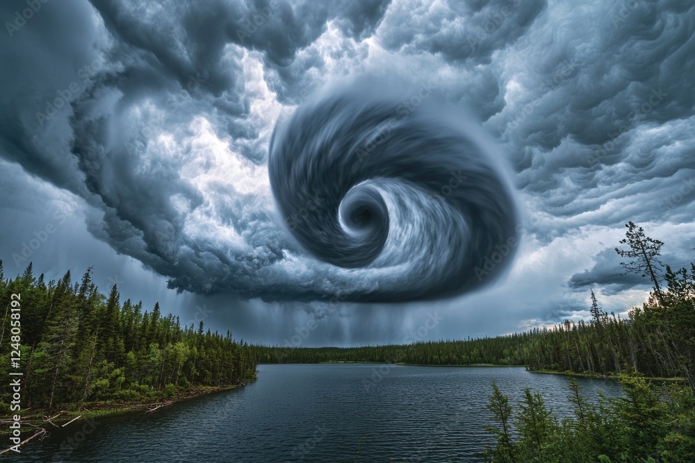 Poster a large storm approaches over a calm lake, creating an ominous scene